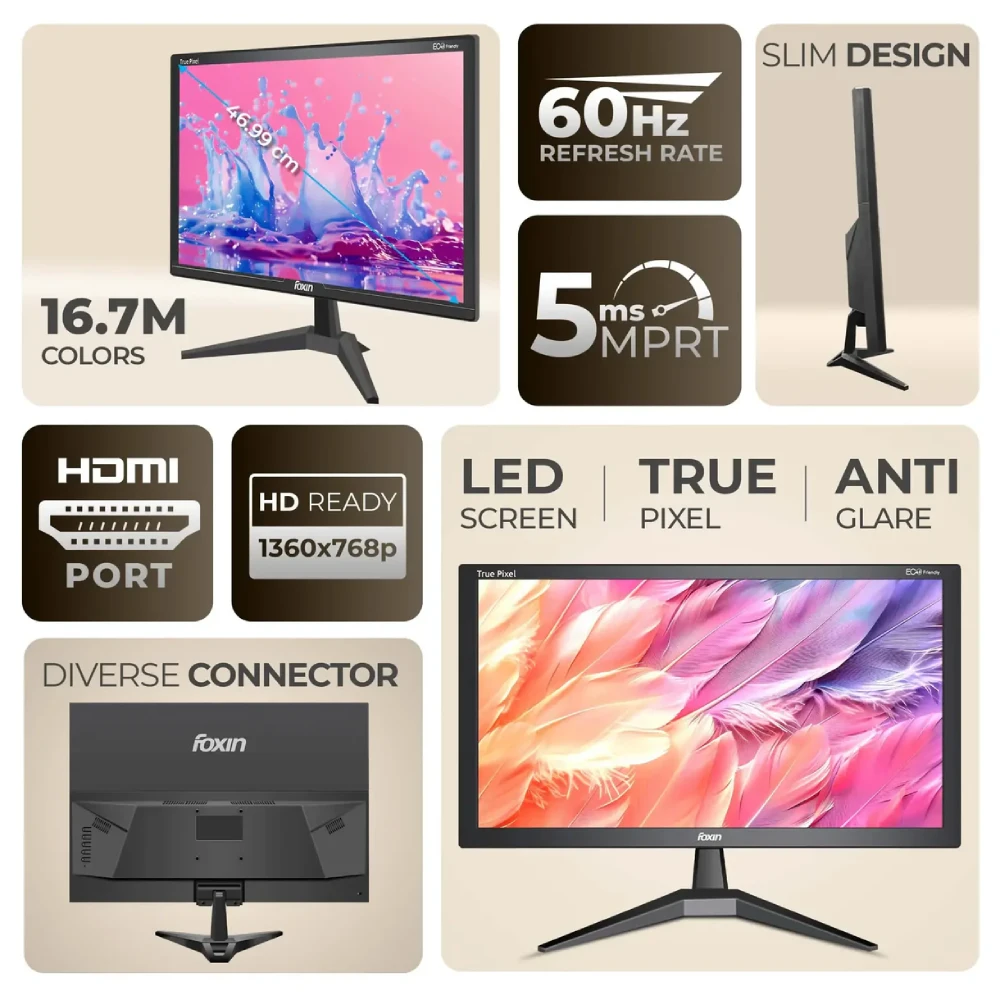 Foxin LED Monitor Crystal 19" HD 60Hz with HDMI | VGA (FM 19 HDMI) view 3